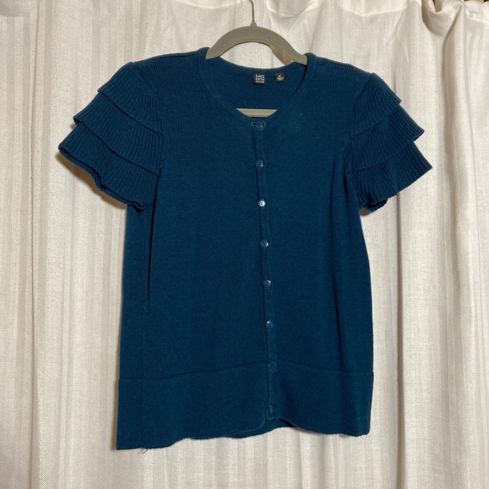Saks Fifth Avenue Teal Blue Ruffle Tiered Short Sleeve Cardigan Sweater M Preppy